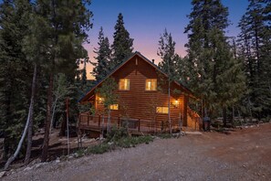 A log cabin with a porch, surrounded by trees. - Wonderful 4-bedroom cabin in charming Duck Creek Village (Duck Creek Village)