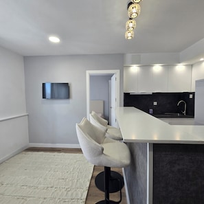 A modern kitchen with a bar area, a flat-screen TV, and a seating area with a rug. - Premium renovated 1 BR apartment in hiatoric downtown (Porto)