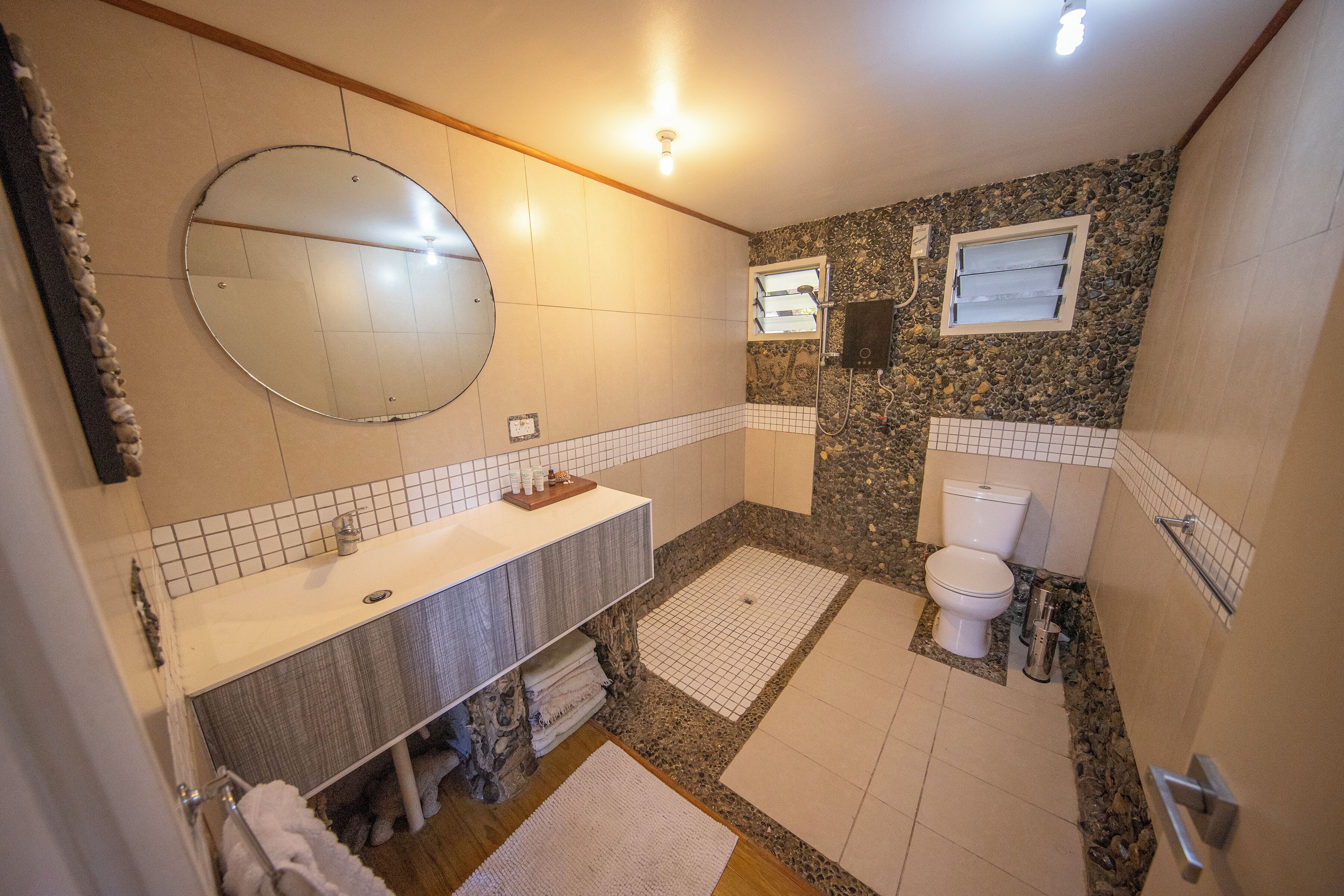 Shower, hair dryer, towels, toilet paper