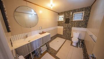 Shower, hair dryer, towels, toilet paper