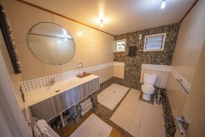 Regadera, secadora de cabello, toallas, papel de baño 