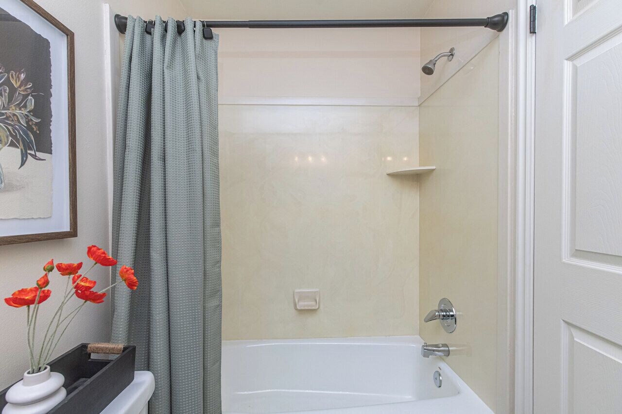 Un baño con bañera, ducha y un cuadro en la pared.