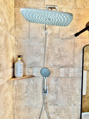 Hair dryer, towels, soap, toilet paper