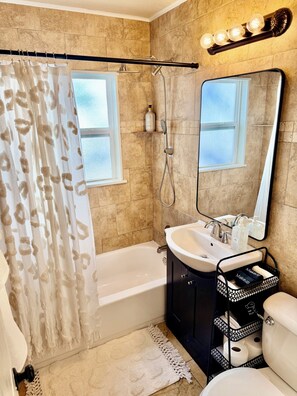 Hair dryer, towels, soap, toilet paper