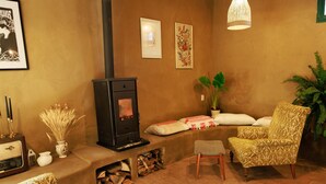 A cozy living room with a wood-burning stove, patterned furniture, and a potted plant.