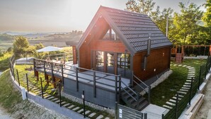 Ein modernes Haus mit geneigtem Dach, einer Terrasse und einer Treppe, die zum Eingang führt.