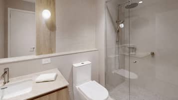 Shower, free toiletries, hair dryer, towels