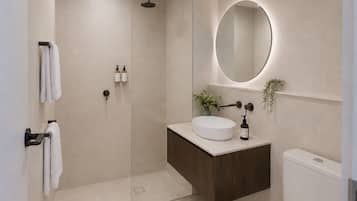 Shower, free toiletries, hair dryer, towels