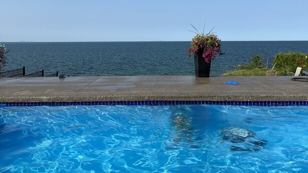 Une piscine à l’eau d’un bleu cristallin, un pot de fleurs orné de fleurs roses et une vue sur l’océan.