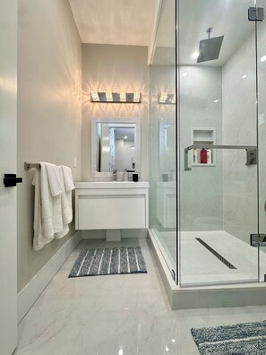 Hair dryer, towels, soap, shampoo