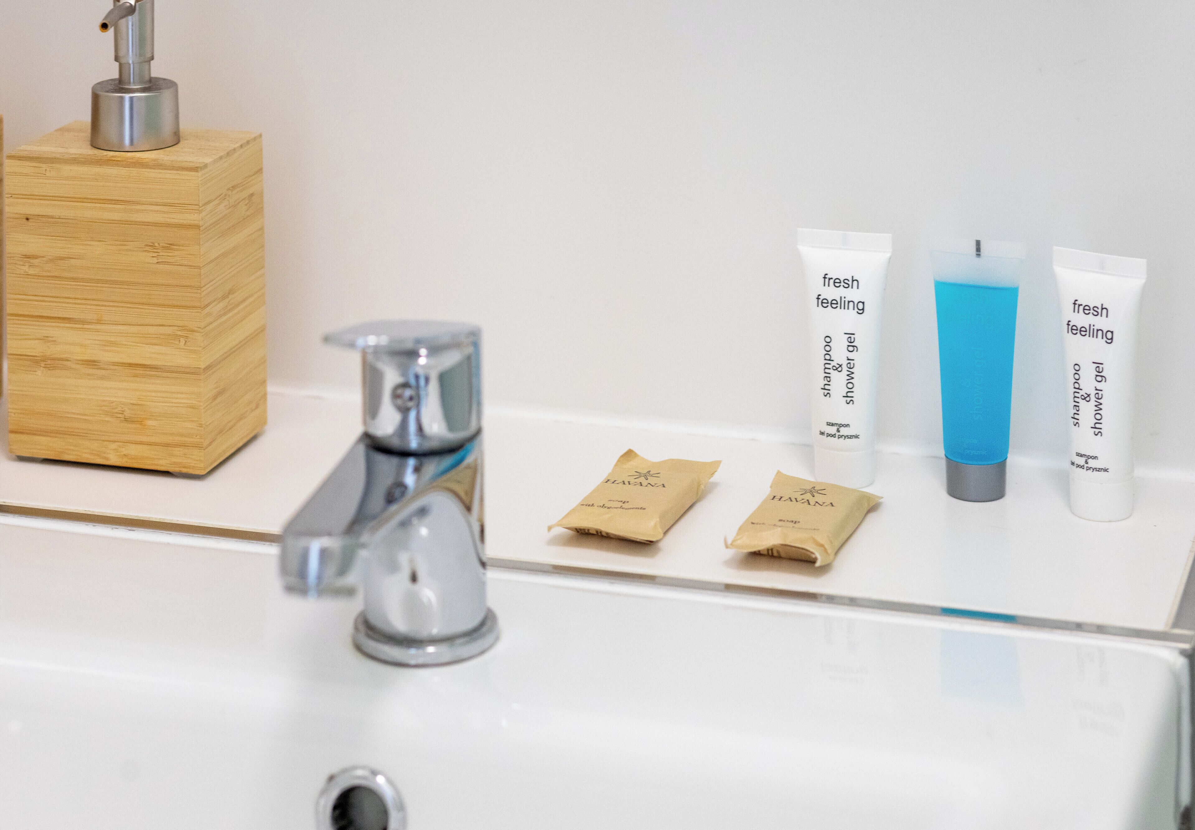 Ein Badezimmer mit einer Holzer Seifenschale, einem Wasserhahn und Toilettenartikeln, darunter Shampoo und Duschgel.