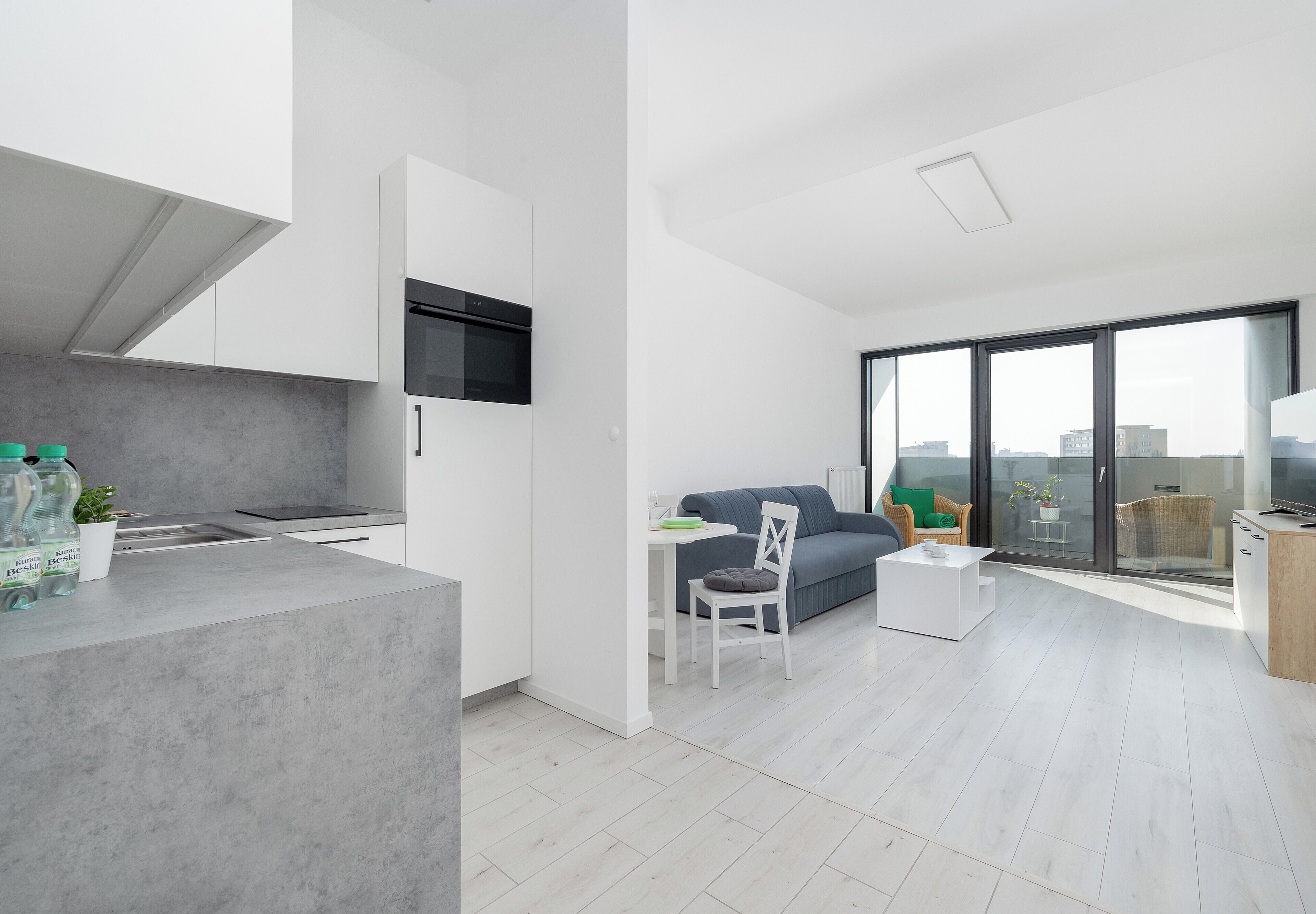 A modern apartment with a kitchen, dining area, and living room.