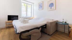 Een hotelkamer met een bed, een televisie, een klein tafeltje met een plantje en twee ingelijste foto's aan de muur.