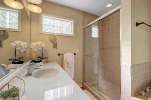 Hair dryer, towels, soap