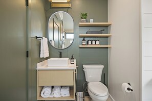 Hair dryer, bidet, towels, soap - Cathedral Cabin · Designer A-Frame · 10 Acres (Fayetteville)