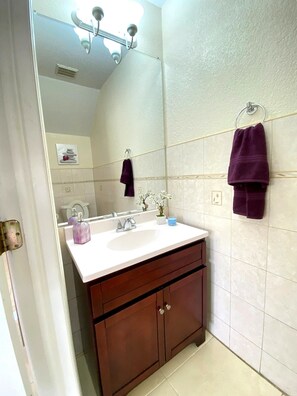 Hair dryer, bidet, towels, soap