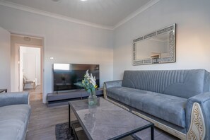 Un saló modern amb un sofà gris, una televisió de pantalla plana i un mirall decoratiu.