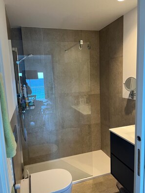 Ein modernes Badezimmer mit einer Duschkabine, einer Toilette und einem Waschbecken mit Spiegel.