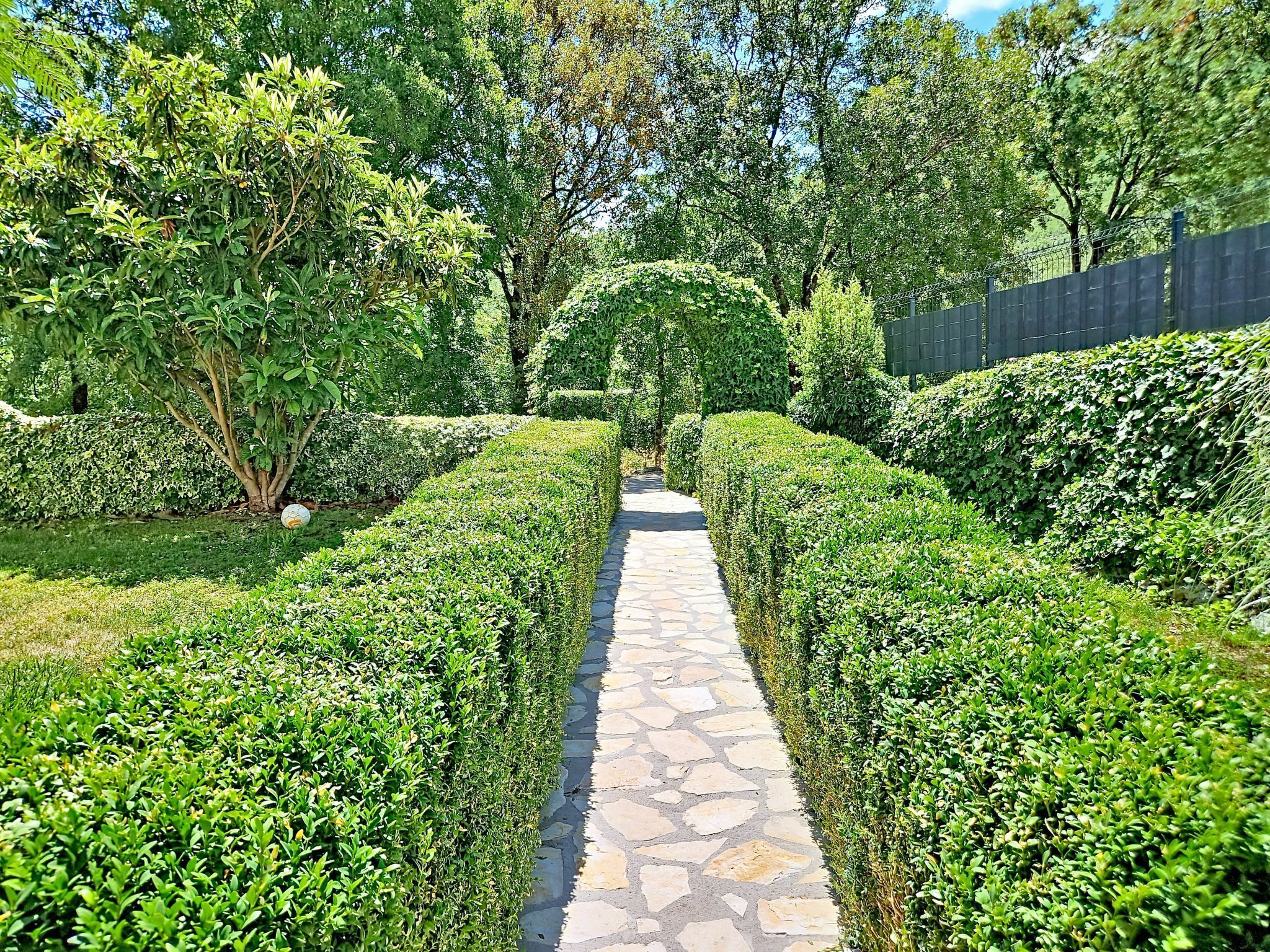 A stone pathway flanked by neatly trimmed hedges, leading to a circular hedge archway.