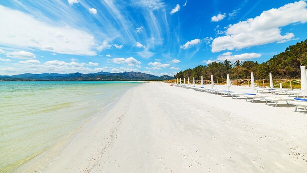 Una playa con agua turquesa cristalina, arena blanca y una fila de sillas y sombrillas de playa.