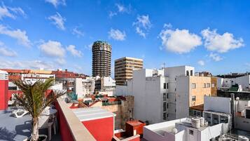 Terraza en la azotea con plantas en macetas, una palmera y vistas a un paisaje urbano que incluye un edificio alto.