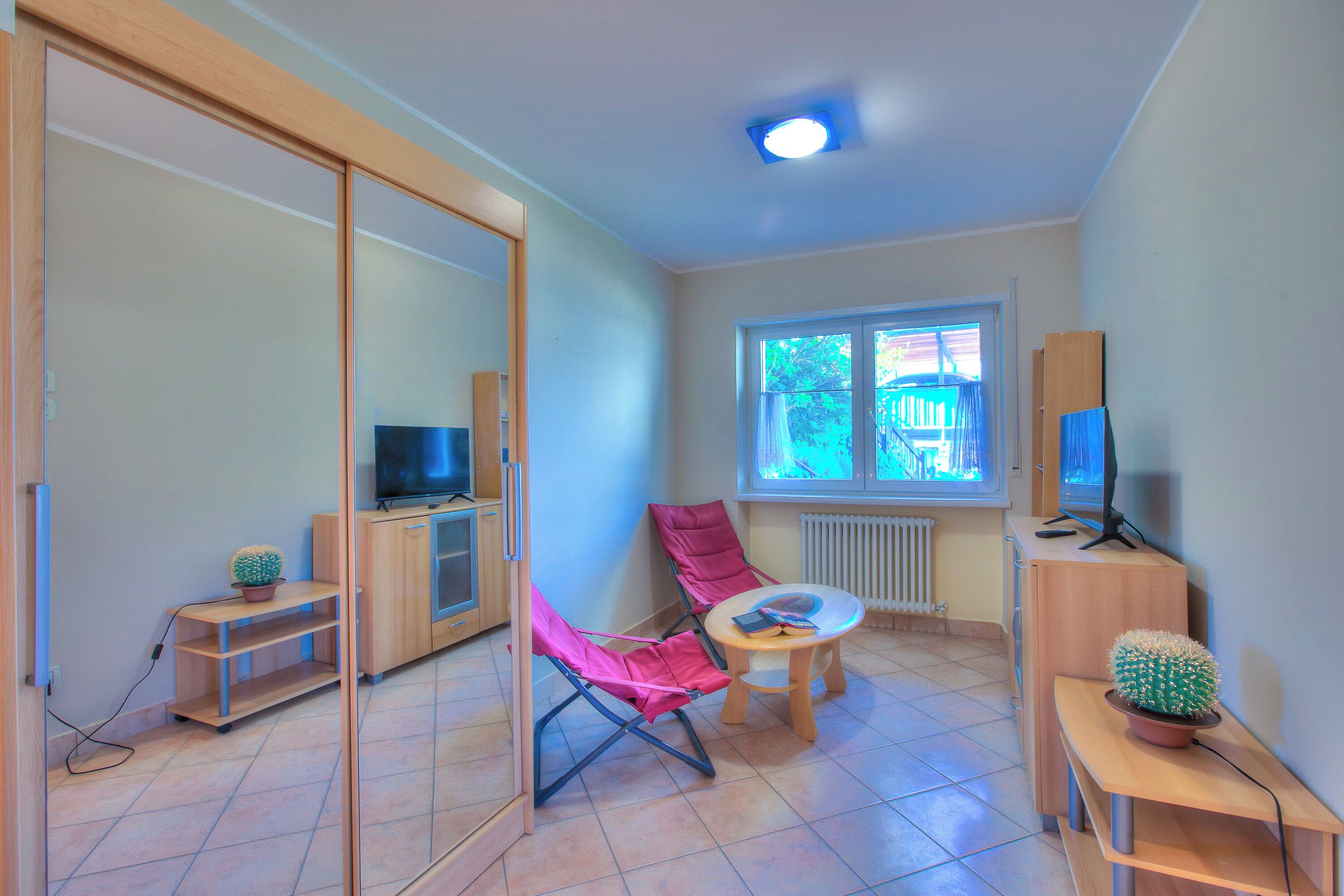 Ein Zimmer mit Schiebetür, Fernseher, Tisch mit einem Kaktus und Fenster mit Blick.