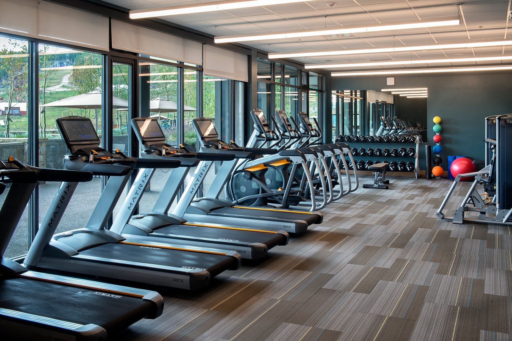 Een fitnessruimte met meerdere loopbanden, krachtapparaten en gewichten.