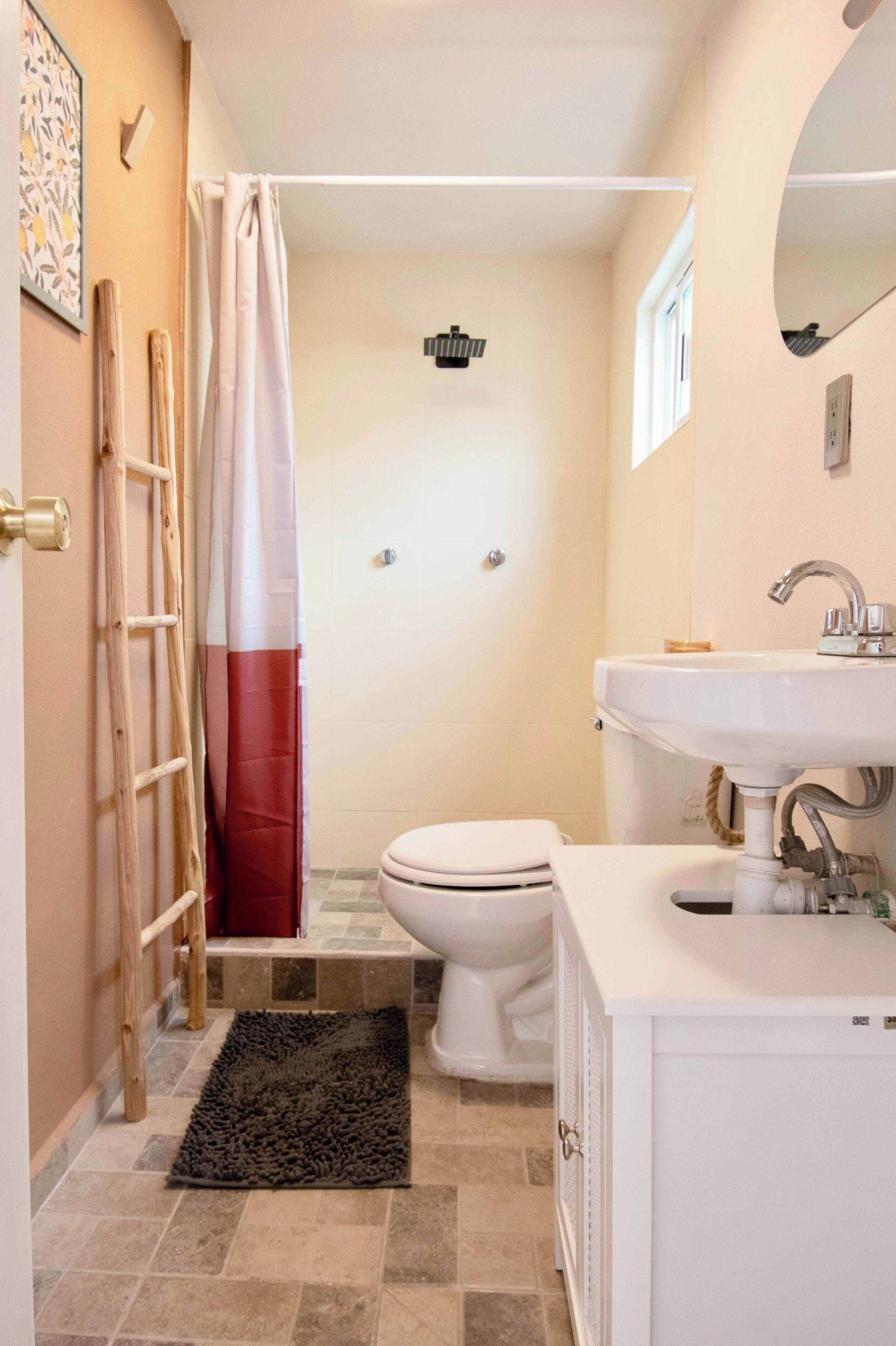 Shower, hair dryer, shampoo