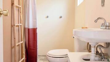 Shower, hair dryer, shampoo
