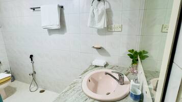Shower, towels, soap, toilet paper