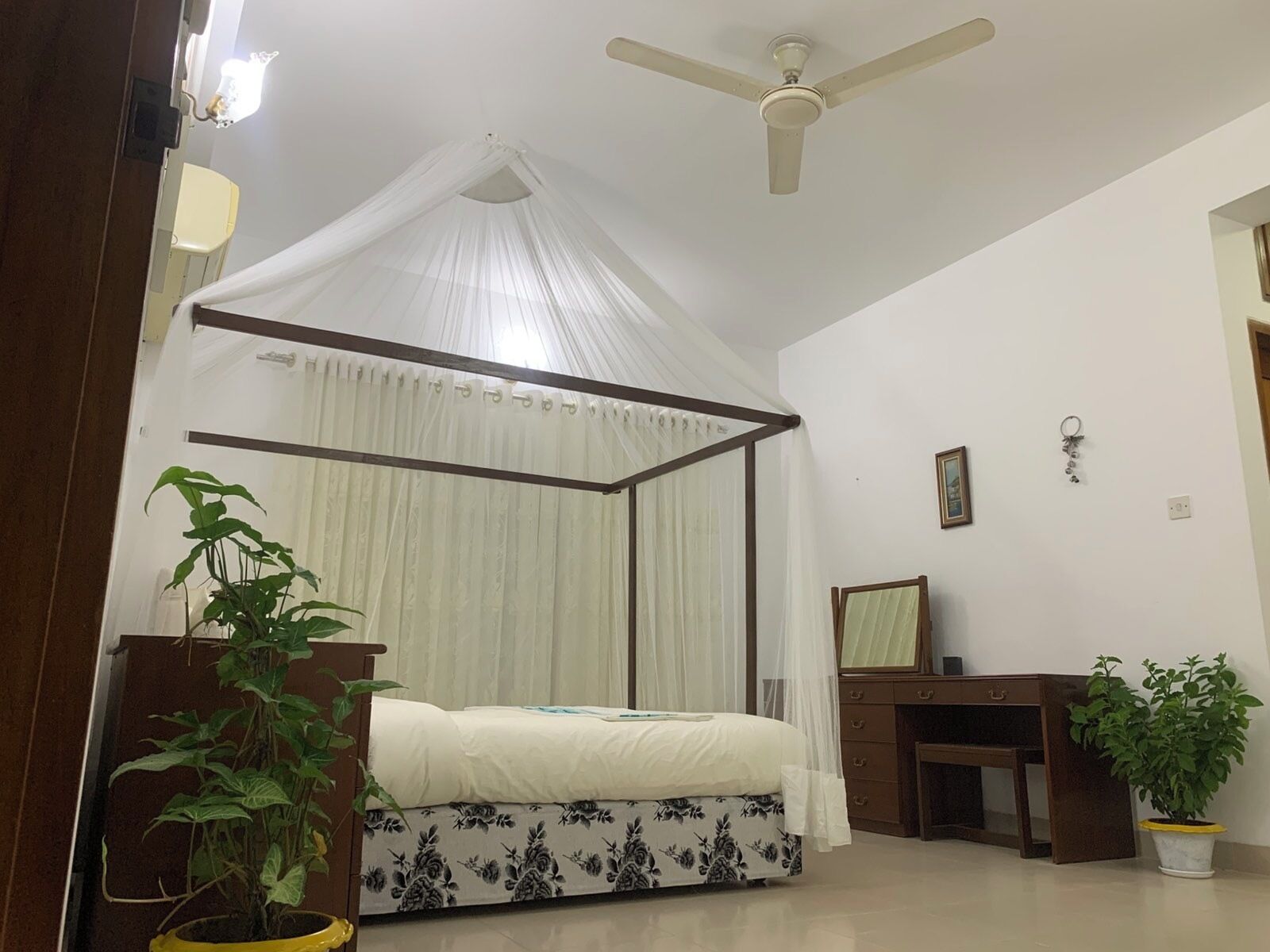 A bedroom with a canopy bed, a ceiling fan, a desk, and two potted plants.