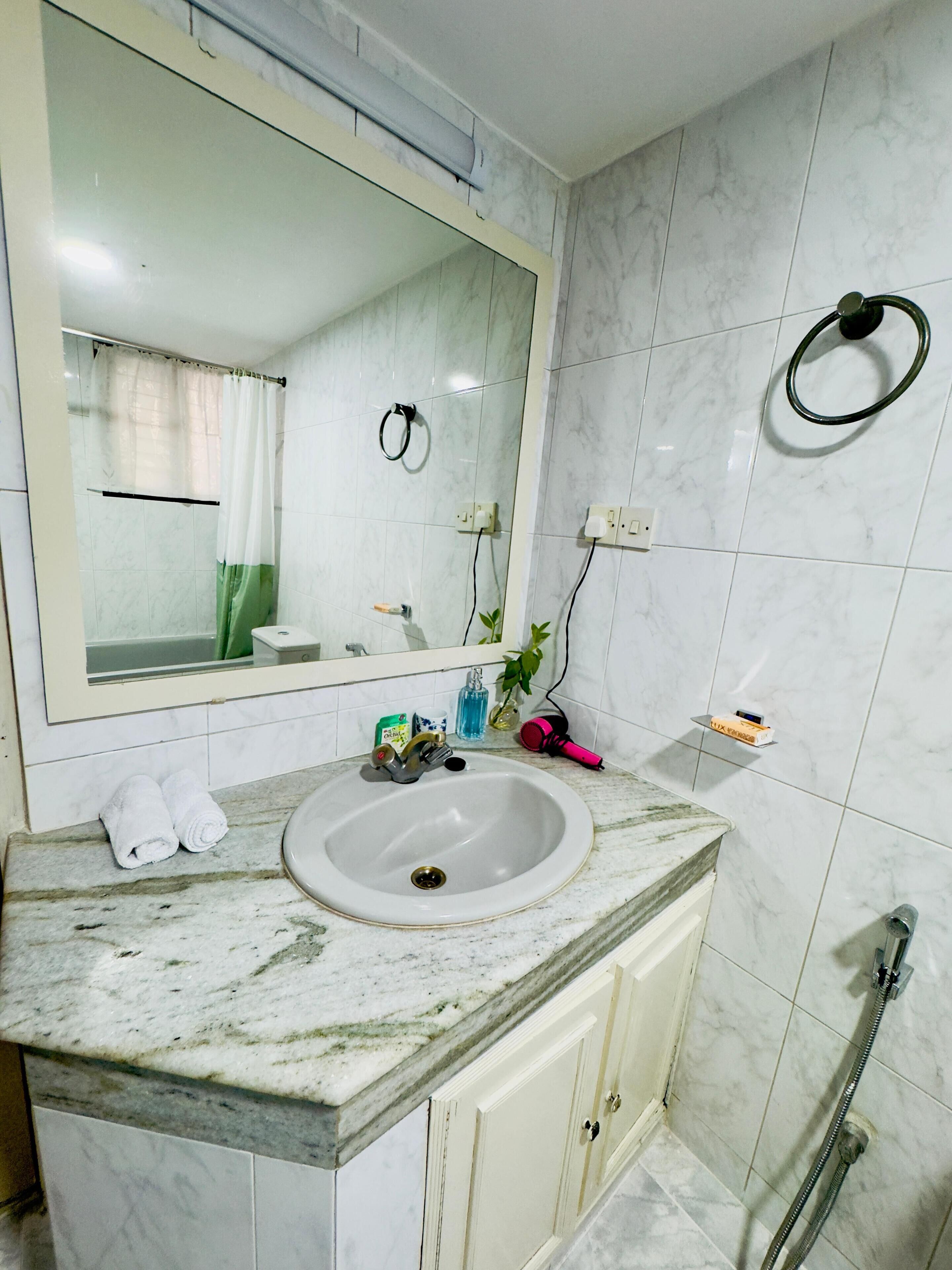 Shower, towels, soap, toilet paper