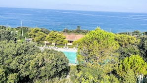 Ein Pool, umgeben von üppiger Vegetation, mit Blick auf das klare, blaue Meer.