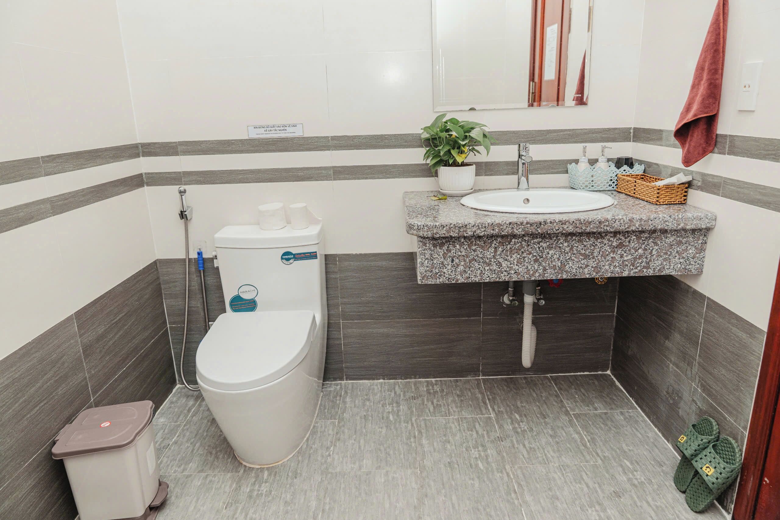 A bathroom with a toilet, sink, and a potted plant.