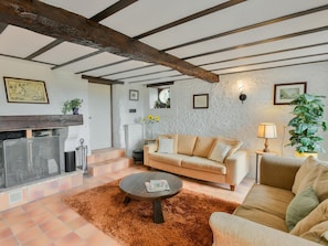 Ein Wohnzimmer mit Sofa, Couchtisch, Kamin und einer großen Pflanze.