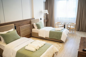 Habitación estándar con 2 camas individuales, vistas a la ciudad | Sábanas de algodón egipcio y ropa de cama de alta calidad