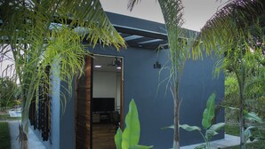 Um edifício moderno com interior em madeira, rodeado por vegetação.