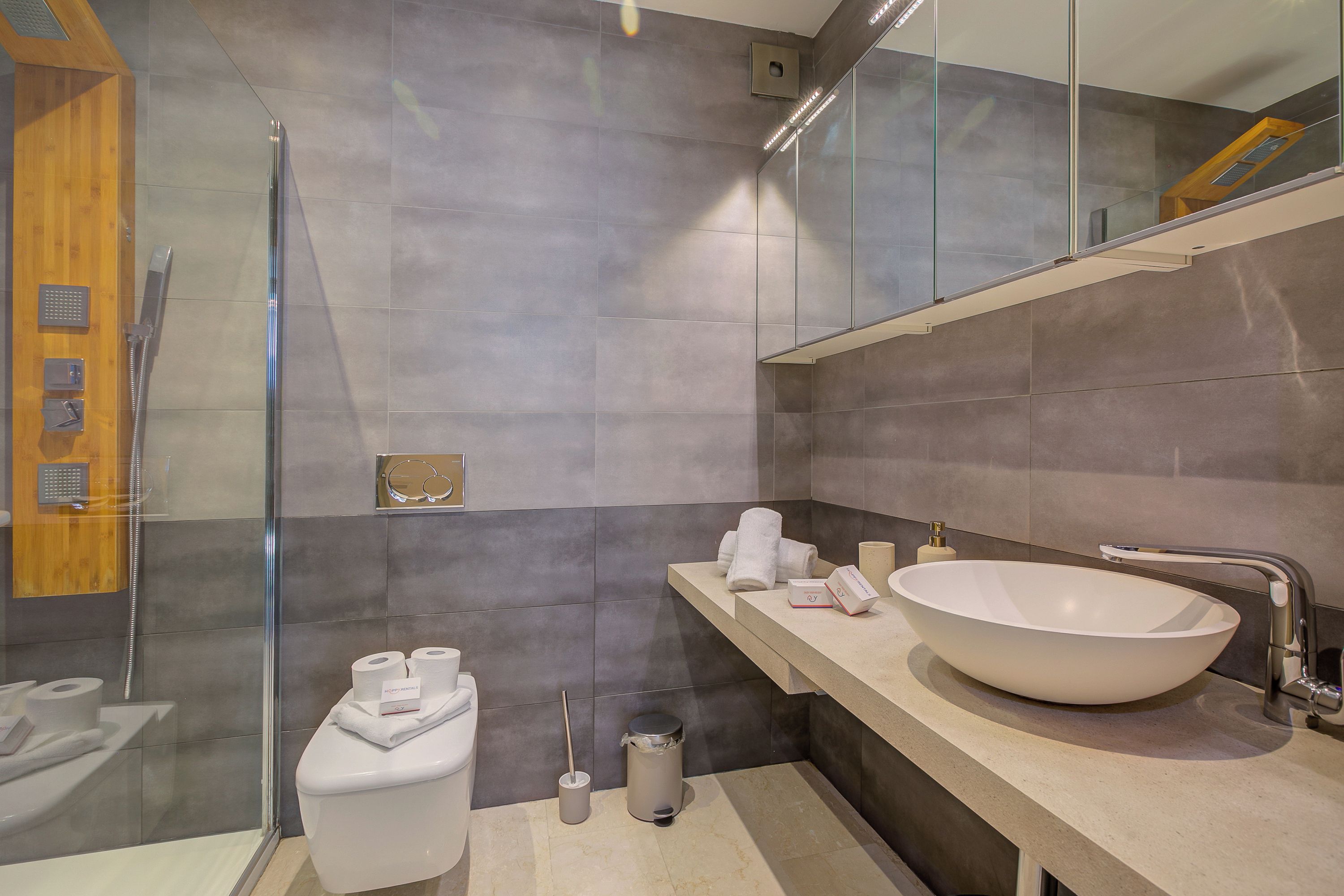 A modern bathroom with a glass shower enclosure, a white sink, and a toilet.
