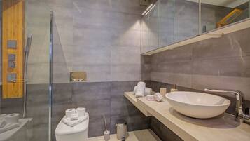 A modern bathroom with a glass shower enclosure, a white sink, and a toilet.