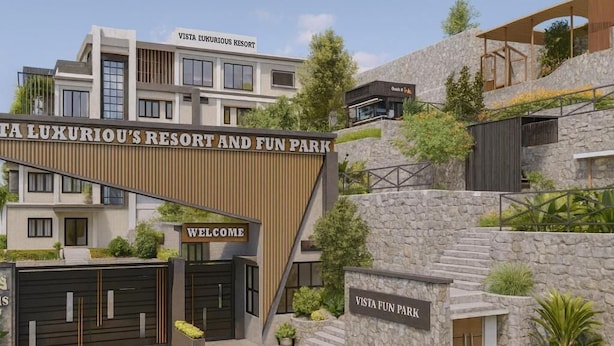 A modern resort entrance with a 'Welcome' sign, a 'Vista Luxurious Resort' sign, and a 'Vista Fun Park' sign. - Vista Luxurious Resort & Fun Park (Bhedetar)