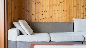 A grey sofa with two pillows against a wooden wall.