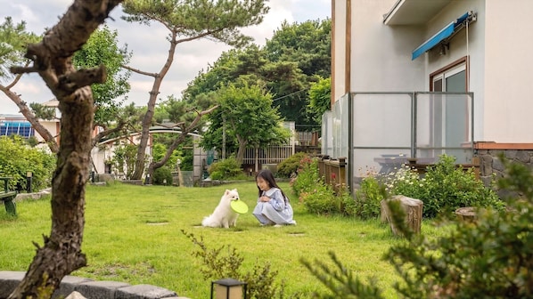 A residential area with a grassy yard, a dog, and a person.