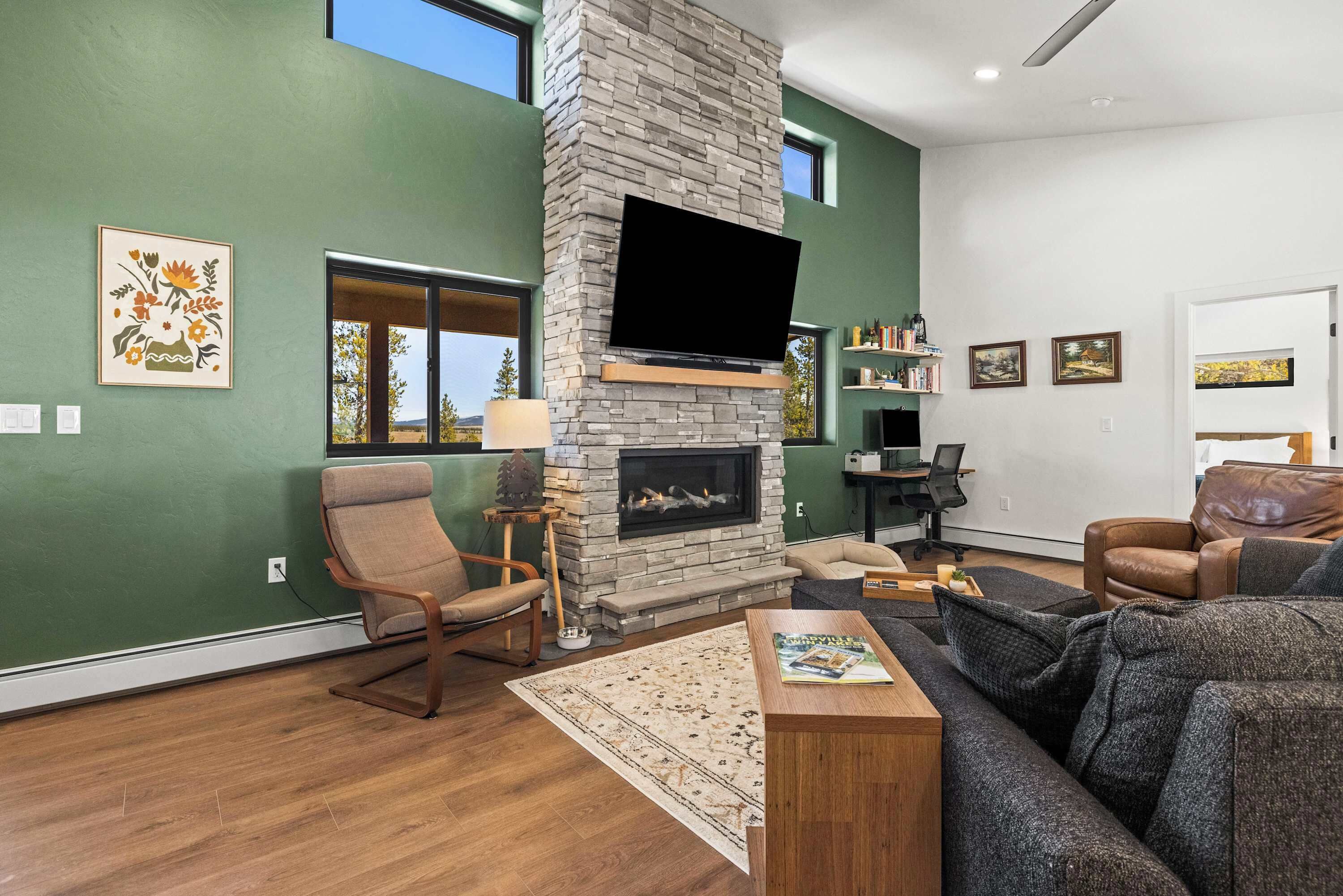TV, fireplace, offices