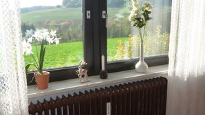 A window with a view of a green field, a potted plant, a candle, and a small figurine. - Holiday Apartment for 2 People (35 m²) in Weilheim (Baden-Württemberg) (Weilheim)
