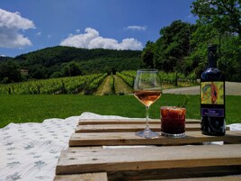 Una mesa con una botella y una copa de vino, frente a un viñedo.