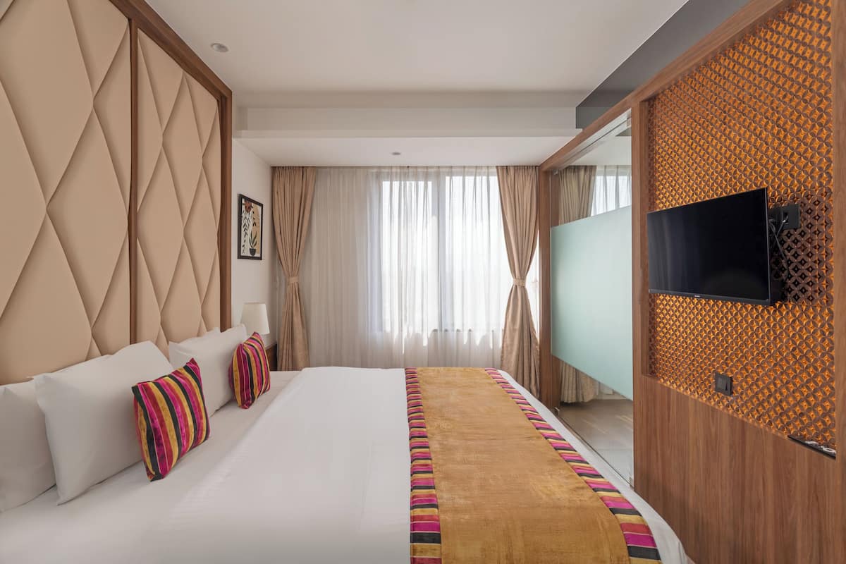 Una habitación de hotel con una cama grande, televisión y un separador de madera.