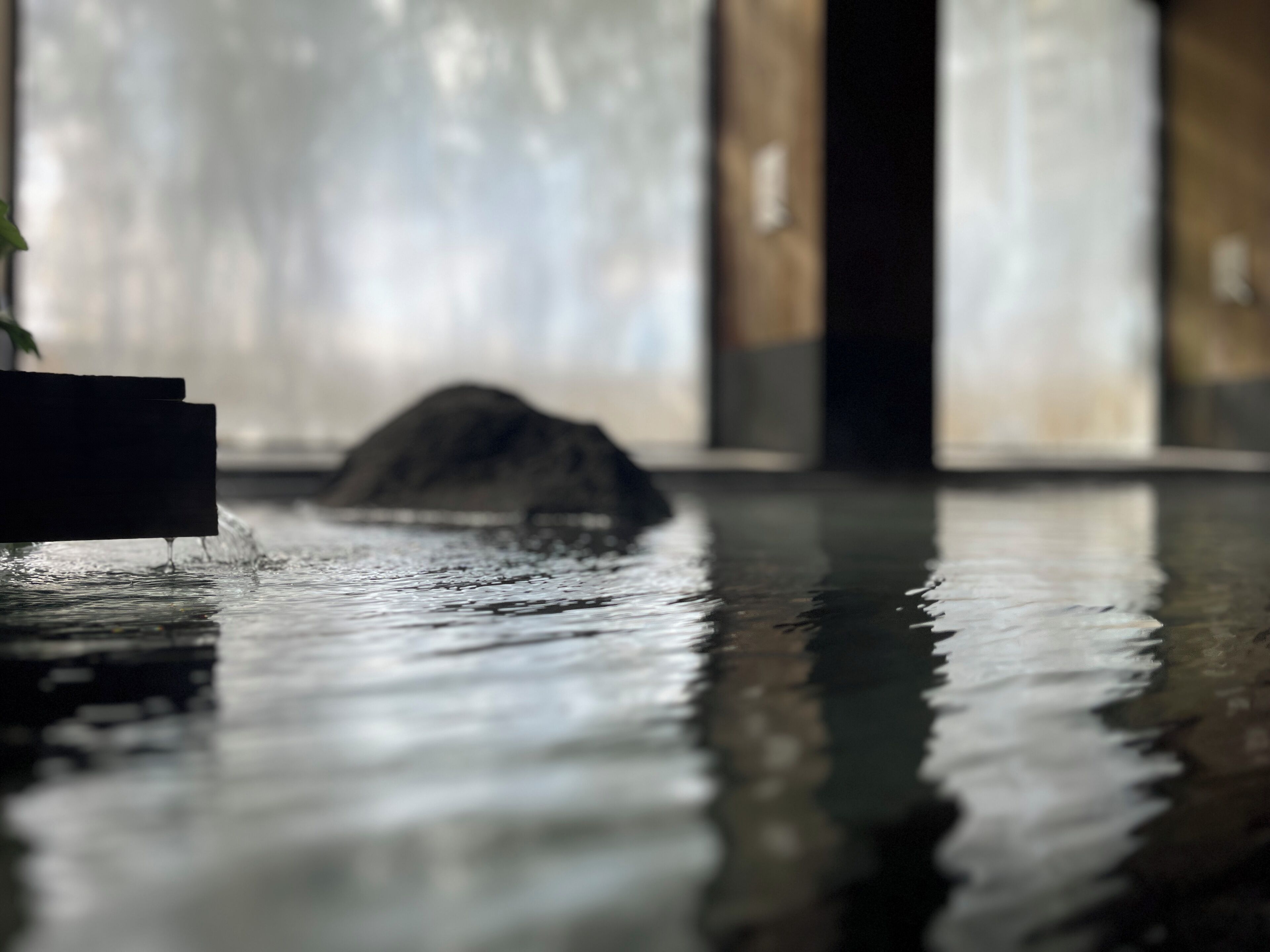 A reflective surface with a blurred background, possibly a pool or water feature.
