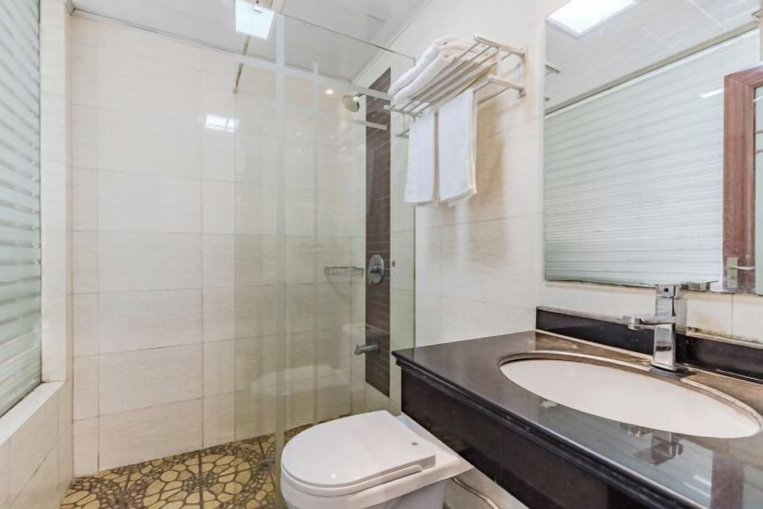 A bathroom with a glass-enclosed shower, a white toilet, a black sink, and a mirror.