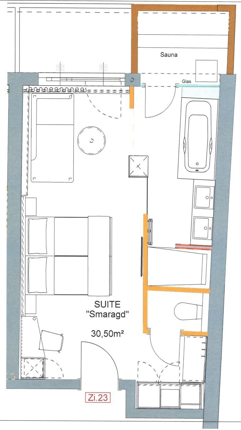 A floor plan of a hotel suite with a sauna, a glass-enclosed bathroom, and a kitchenette.