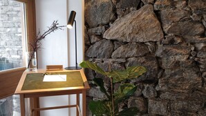 A room with a wooden desk, a black lamp, a vase with branches, and a large plant.